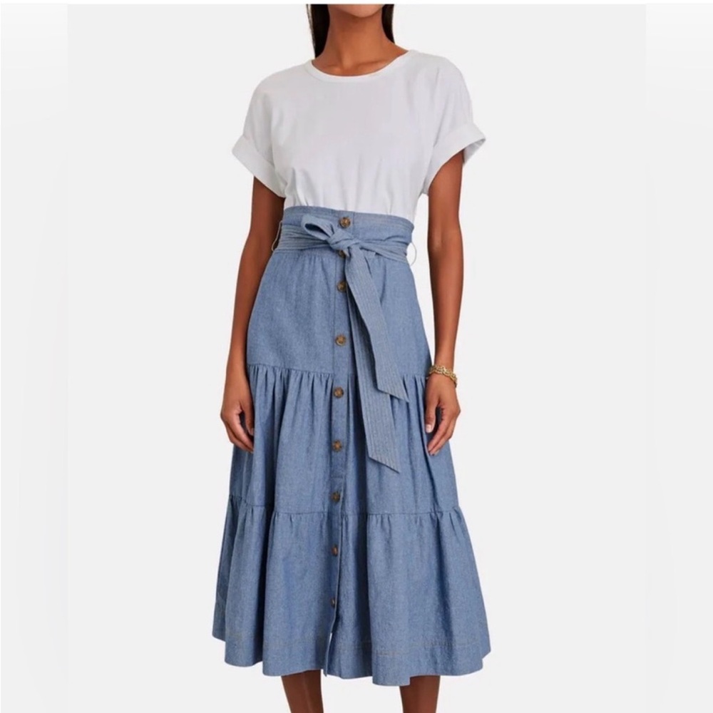 Veronica Beard Chambray Blue Midi Skirt with attached white super soft tshirt.